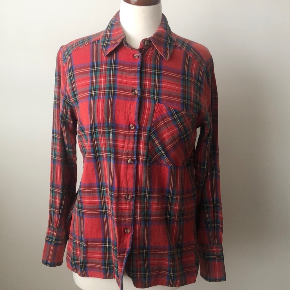 TopShop Red Checkered Plaid Long Sleeve Button Down Shirt Size 4